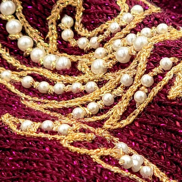 Vintage 90S Y2K Jaclyn Smith Petite Burgundy Cardigan Embroidery & Pearls Accent - Picture 8 of 14